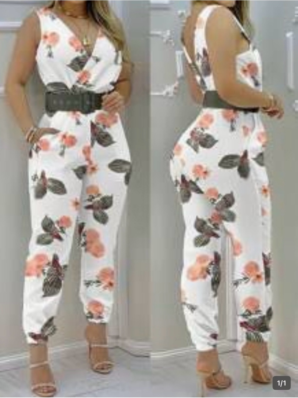 SHEIN White Floral Surplice Jumpsuit with Peach Blooms